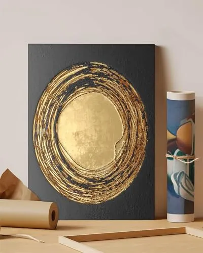 GADGETS WRAP Canvas Gallery Wrap Framed for Home Office Studio Living Room Decoration (11x14inch) - A Gold Circular Shape Wall Art