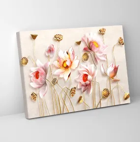 GADGETS WRAP Canvas Gallery Wrap Framed for Home Office Studio Living Room Decoration (11x9inch) - Gold & Pink Lotus Flowers