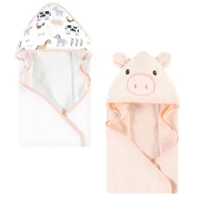 Hudson Baby Cotton Animal Face Hooded Towel, Pig 2-Pack