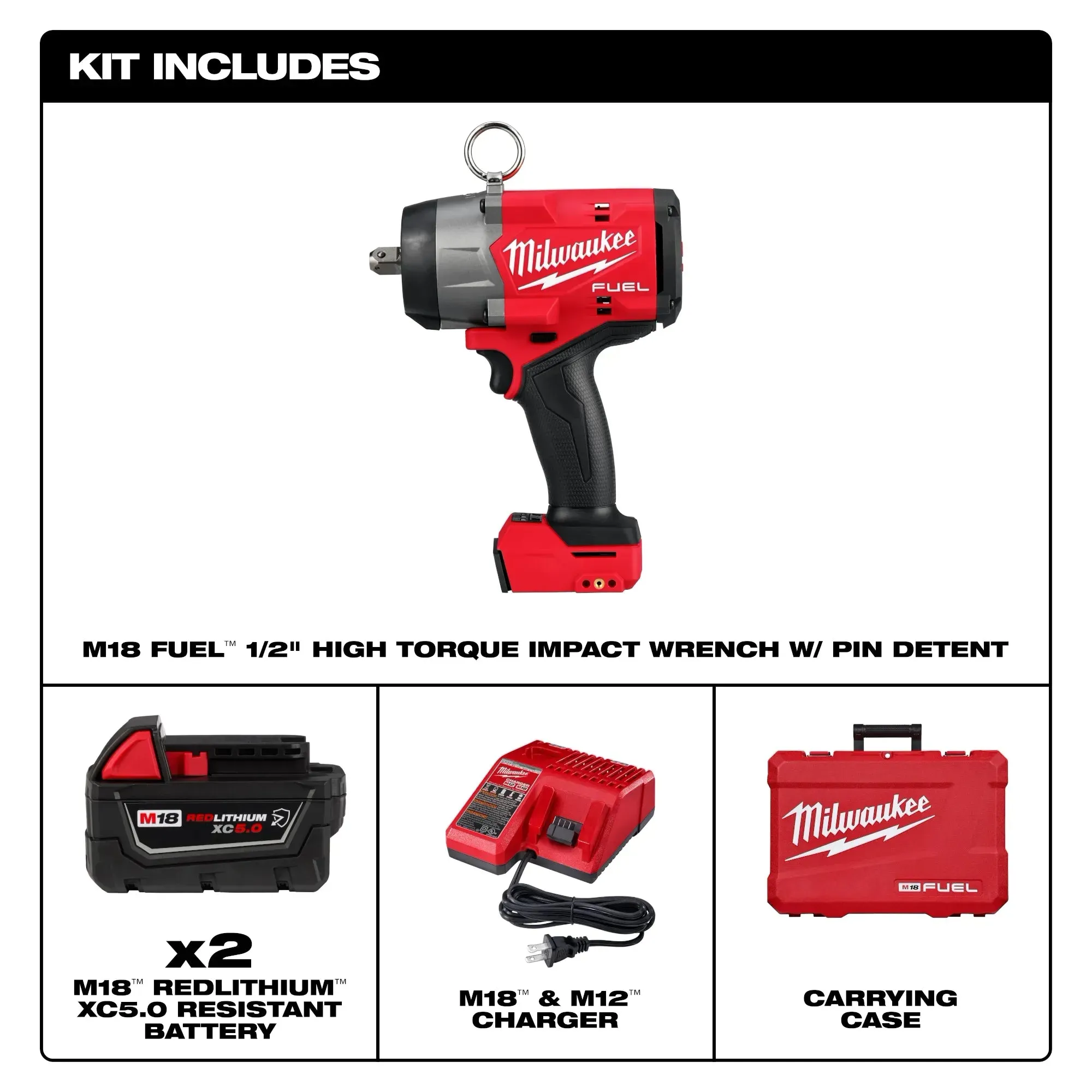 Impact Wrench - Milwaukee M18 FUEL™ 1/2" High Torque Impact Wrench w/ Pin Detent Kit, Corded, 2966-22