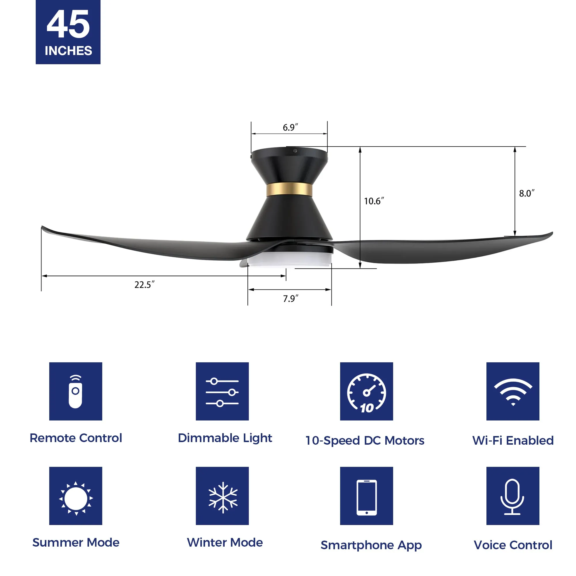 Joliet Low Profile Smart Fan with LED Light and Remote 45"