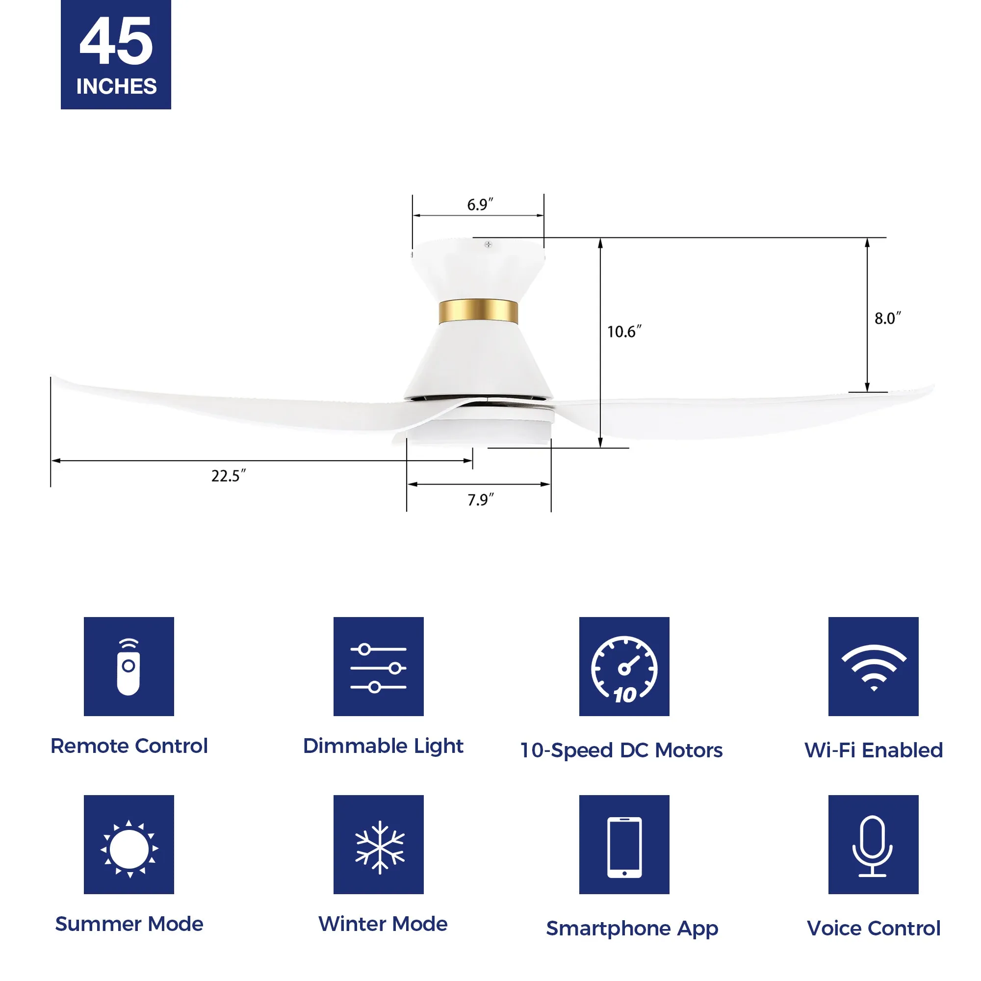 Joliet Low Profile Smart Fan with LED Light and Remote 45"