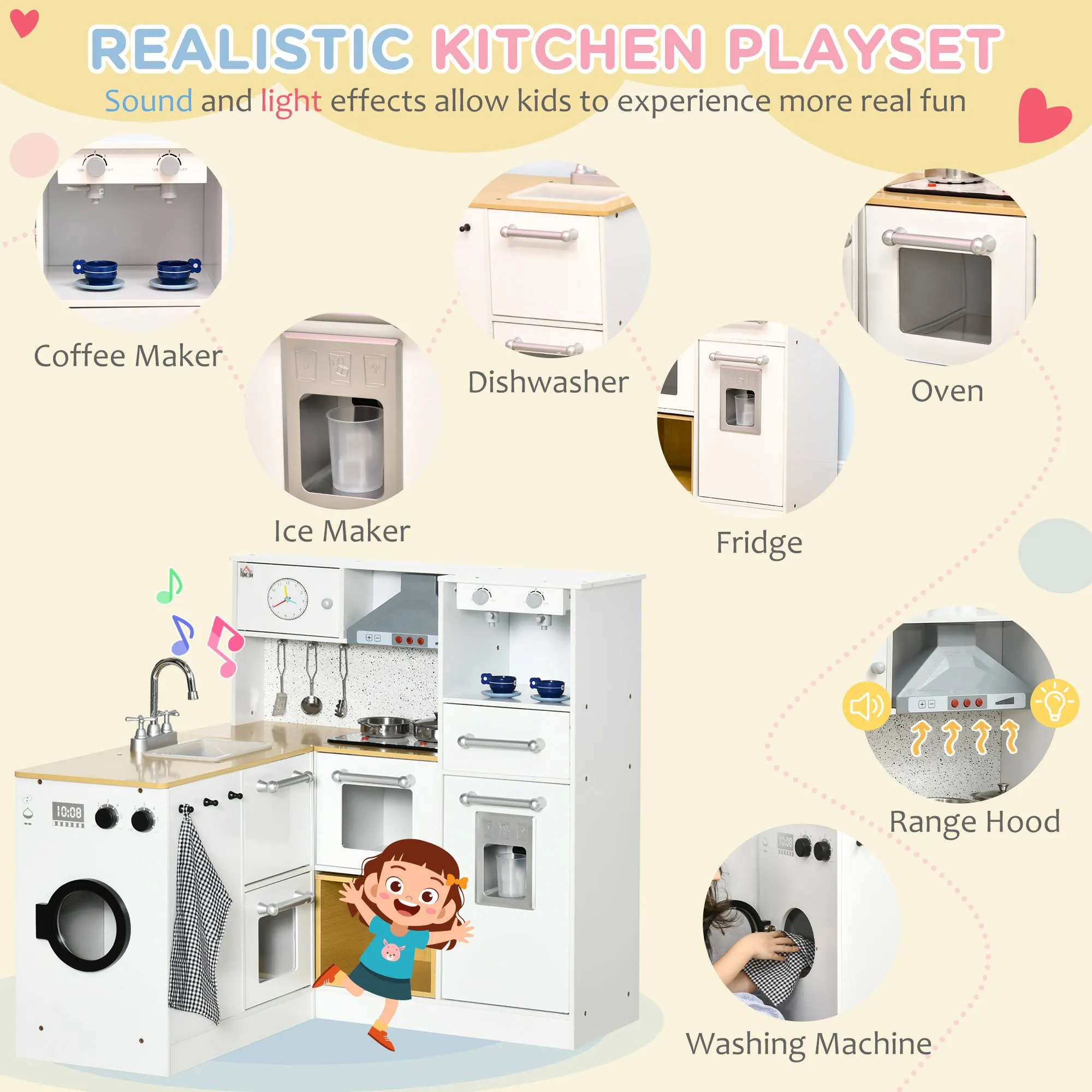 Kids Wooden Kitchen Playset with Sound Effects and Tons of Countertop Space, Wooden Corner Play Kitchen Set with Washing Machine, Imaginative Toy Pretend Restaurant, Ages 3-6, White