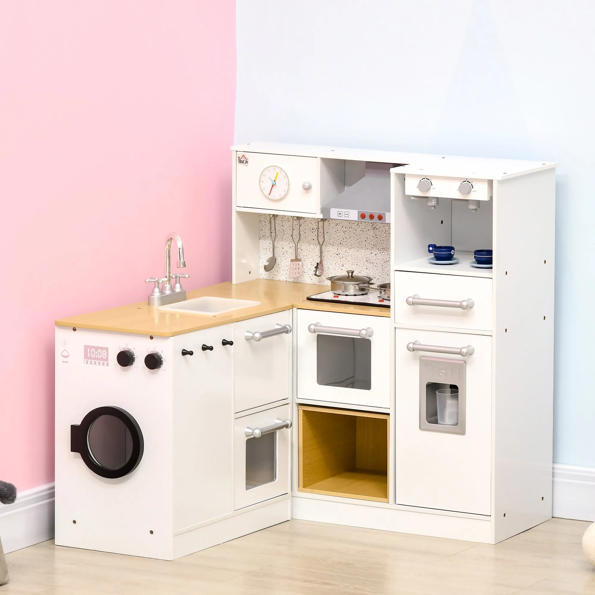 Kids Wooden Kitchen Playset with Sound Effects and Tons of Countertop Space, Wooden Corner Play Kitchen Set with Washing Machine, Imaginative Toy Pretend Restaurant, Ages 3-6, White