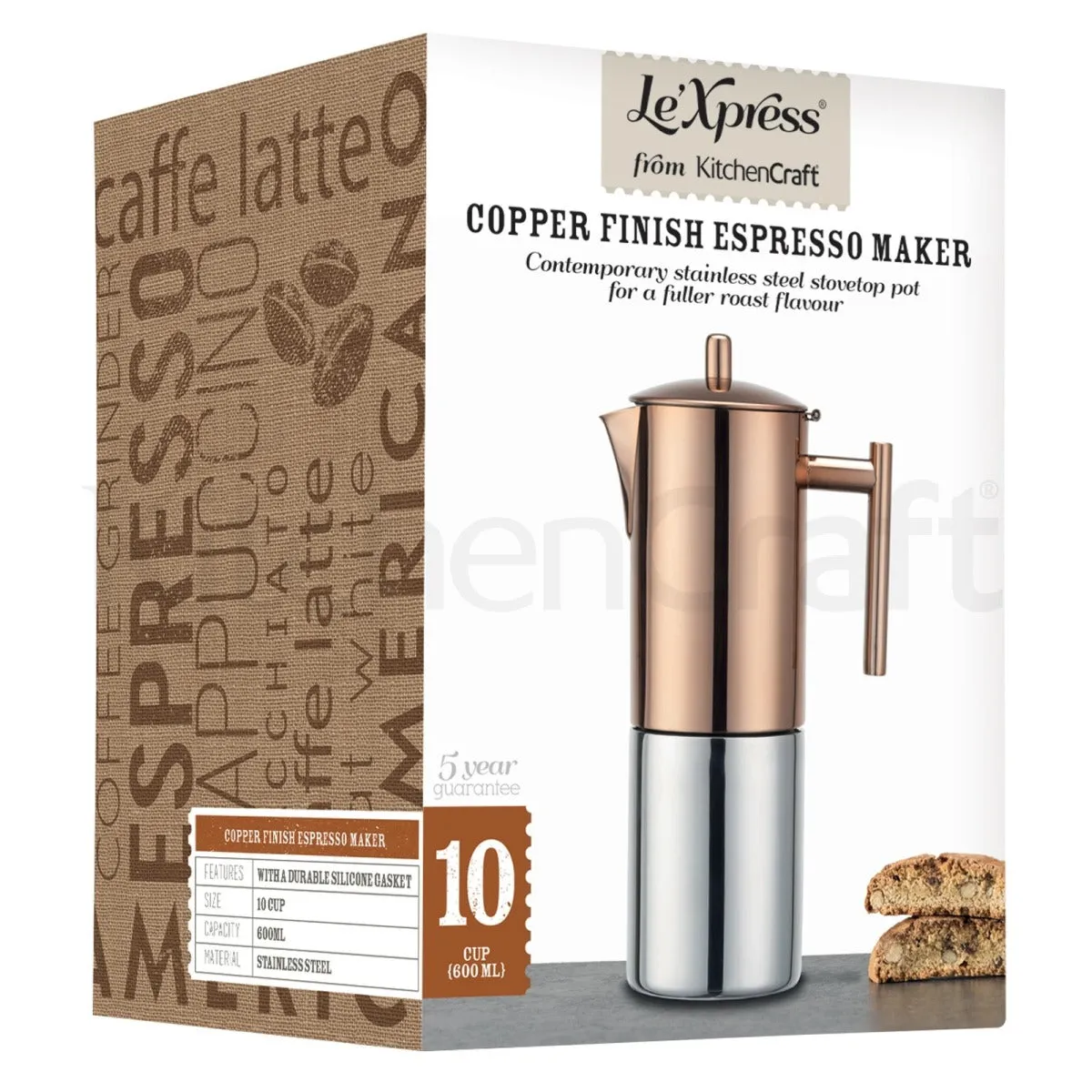 Le'Xpress Stainless Steel Copper Effect Espresso Coffee Maker 600ml