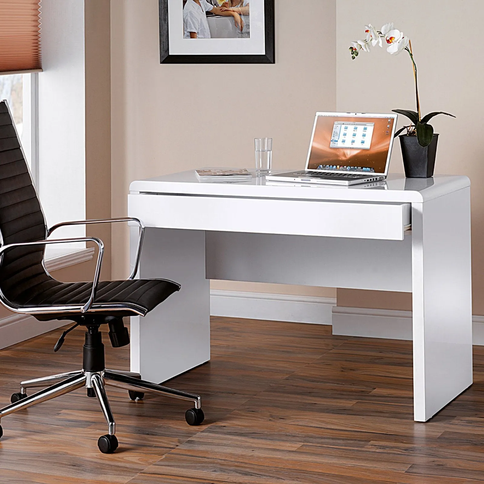 Luxor home office workstation with integrated full length drawer - white gloss