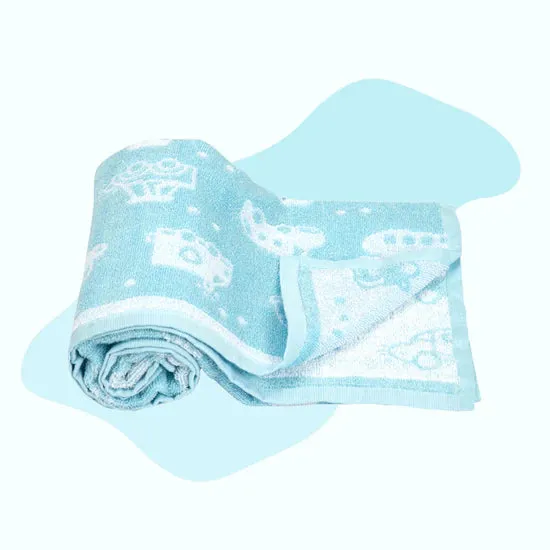 Mee Mee Soft Absorbent Bamboo Cotton Baby Towel | Reversible Baby Towel With Quick Absorb (Light Blue, Car Print)