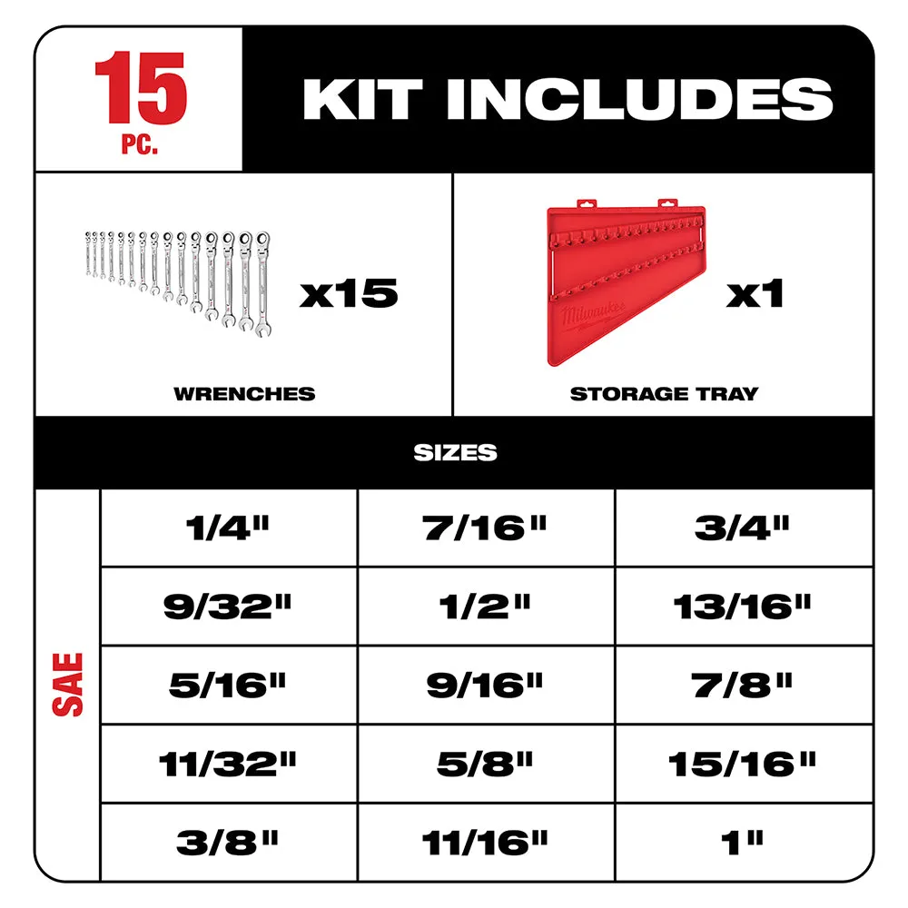 Milwaukee 48-22-9413 Flex Head Ratcheting SAE Combination Wrench Set - 15 PC