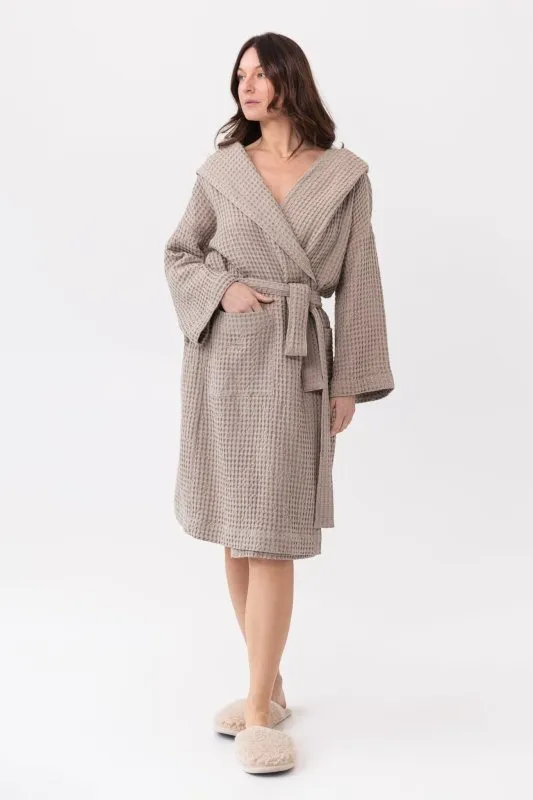 Natural linen waffle robe with hoodie