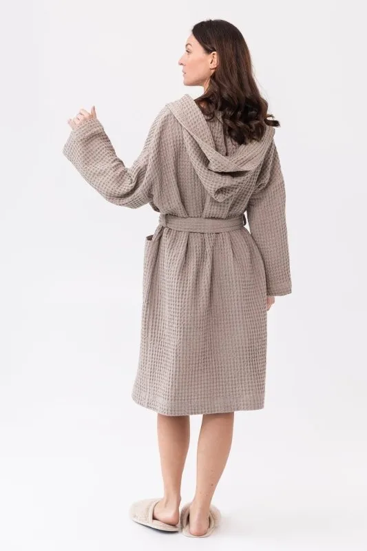 Natural linen waffle robe with hoodie