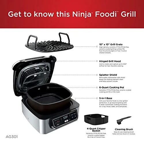 Ninja AG301 Foodi 5-in-1 Indoor Grill with Air Fry, Roast, Bake & Dehydrate, Black/Silver