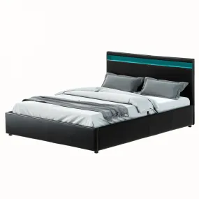 Queen Size Bed Frame LED Light Bedhead Gas Lift Base Storage PU Leather Black