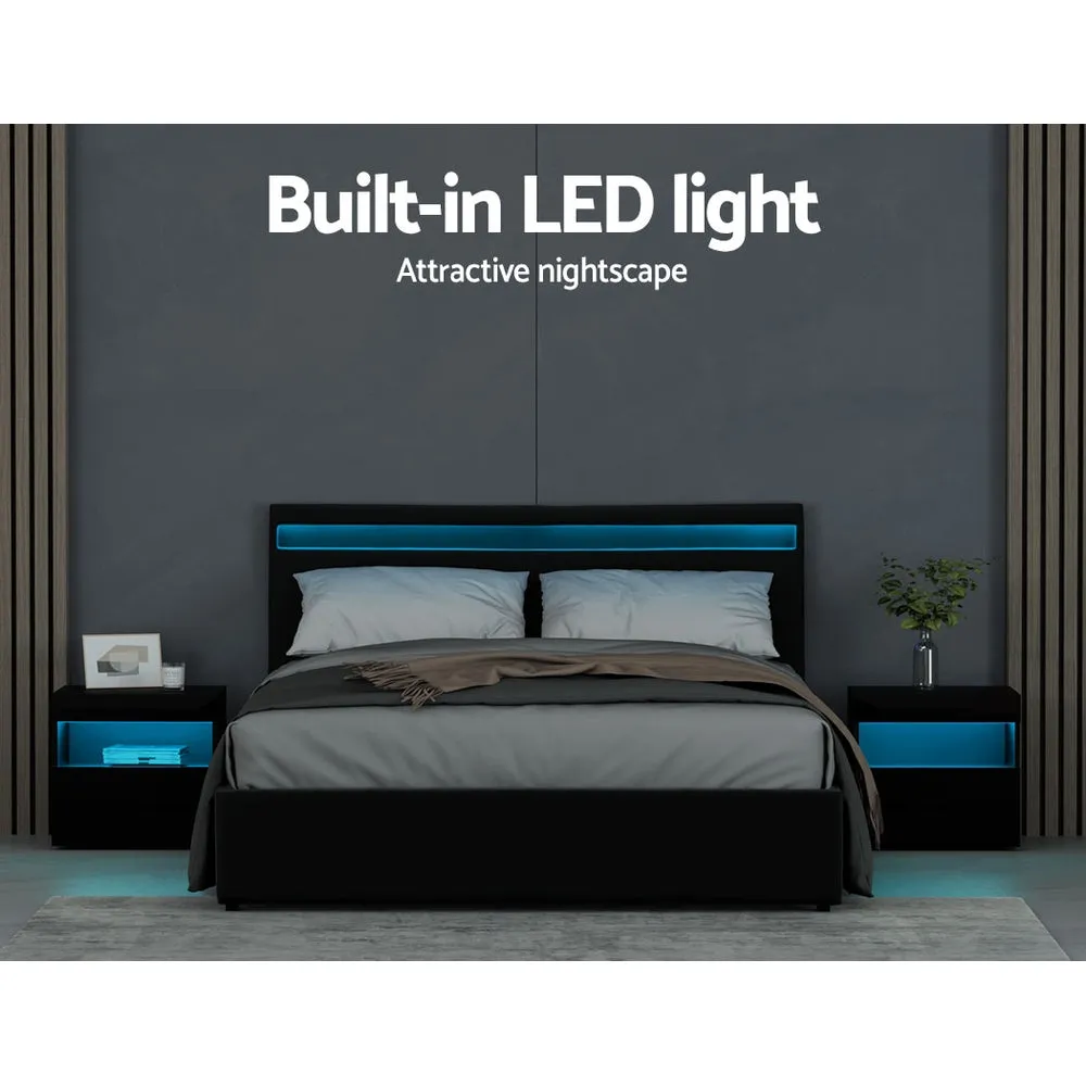 Queen Size Bed Frame LED Light Bedhead Gas Lift Base Storage PU Leather Black