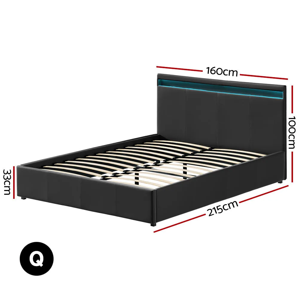 Queen Size Bed Frame LED Light Bedhead Gas Lift Base Storage PU Leather Black