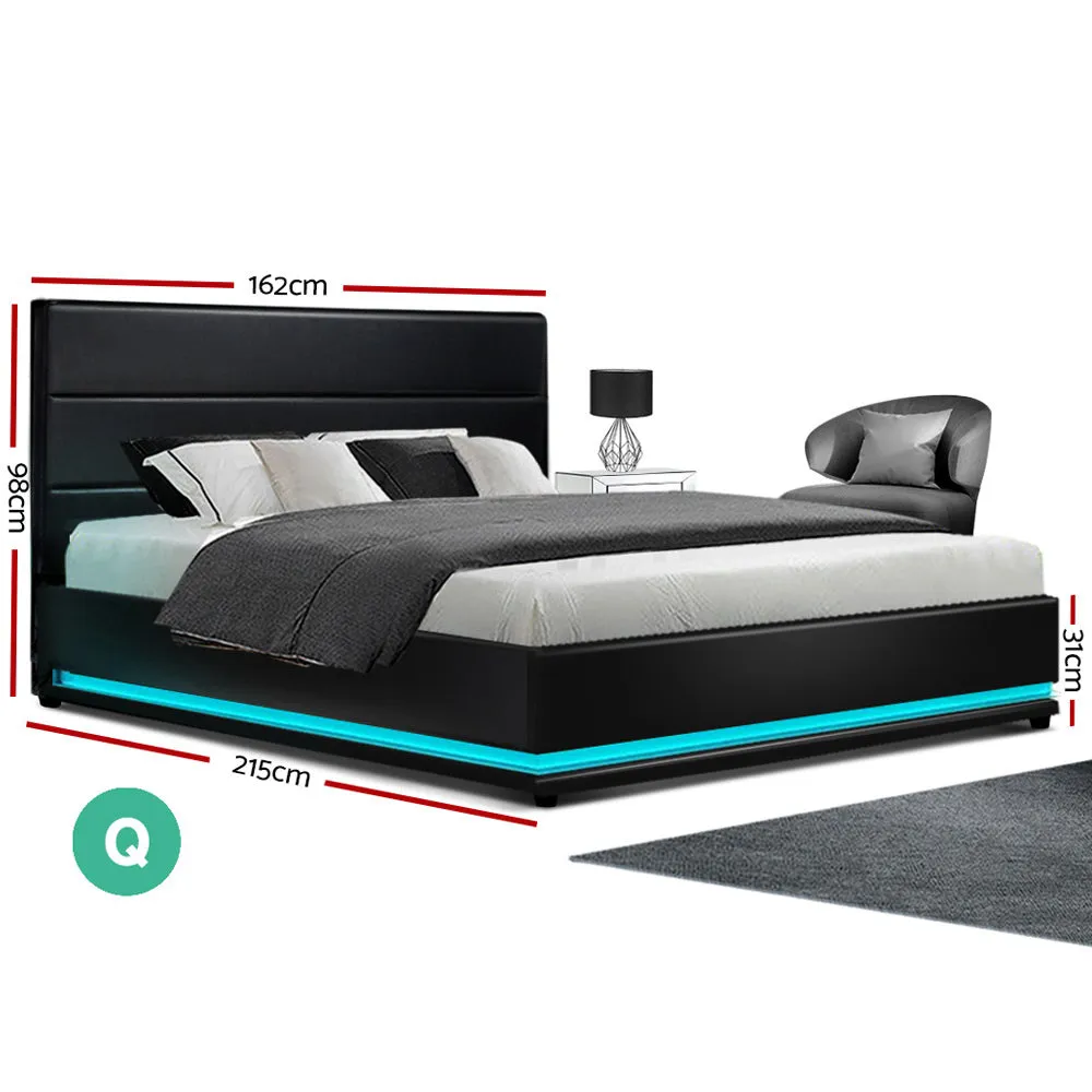 Queen Size Bed Frame RGB LED Gas Lift Base Storage PU Leather Black