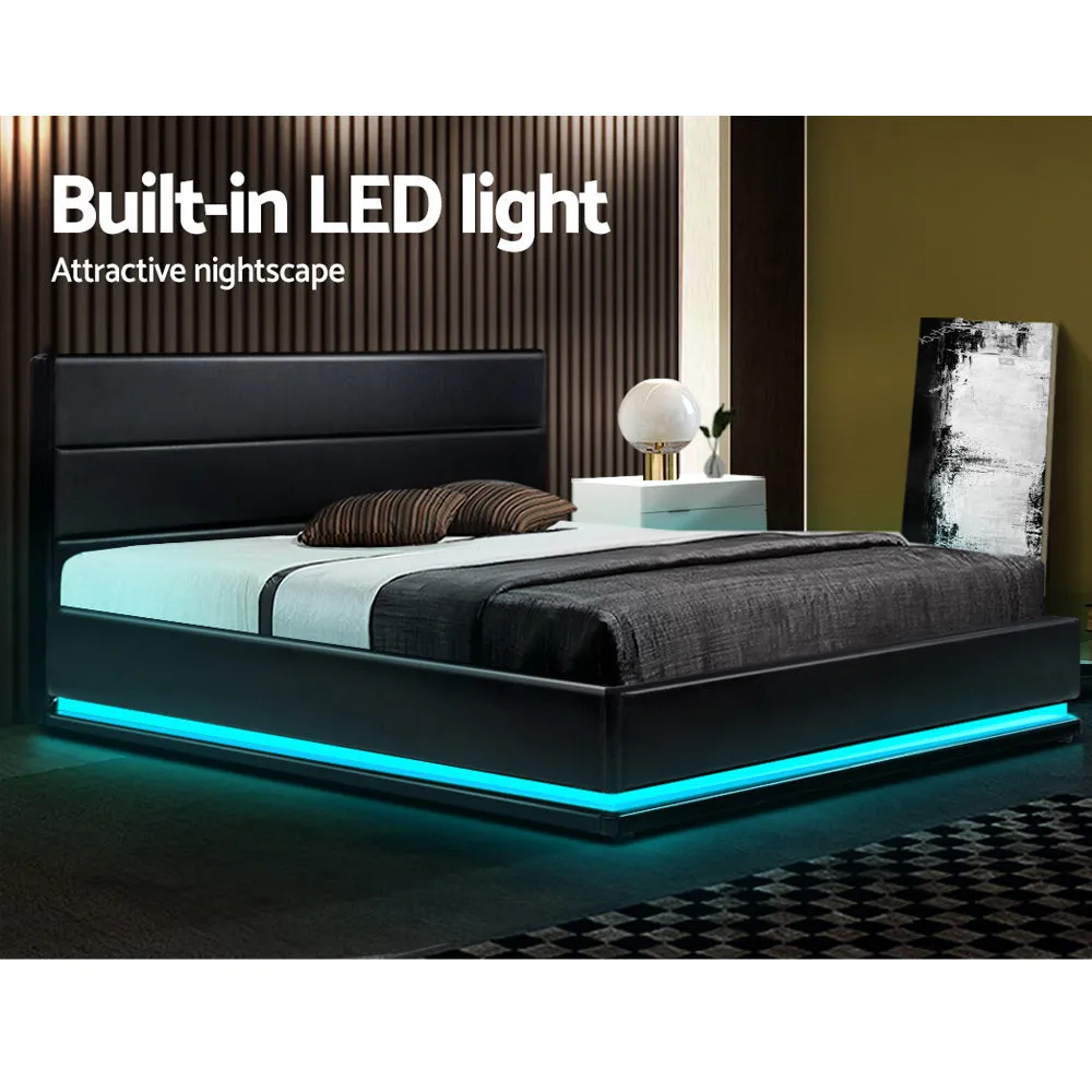 Queen Size Bed Frame RGB LED Gas Lift Base Storage PU Leather Black