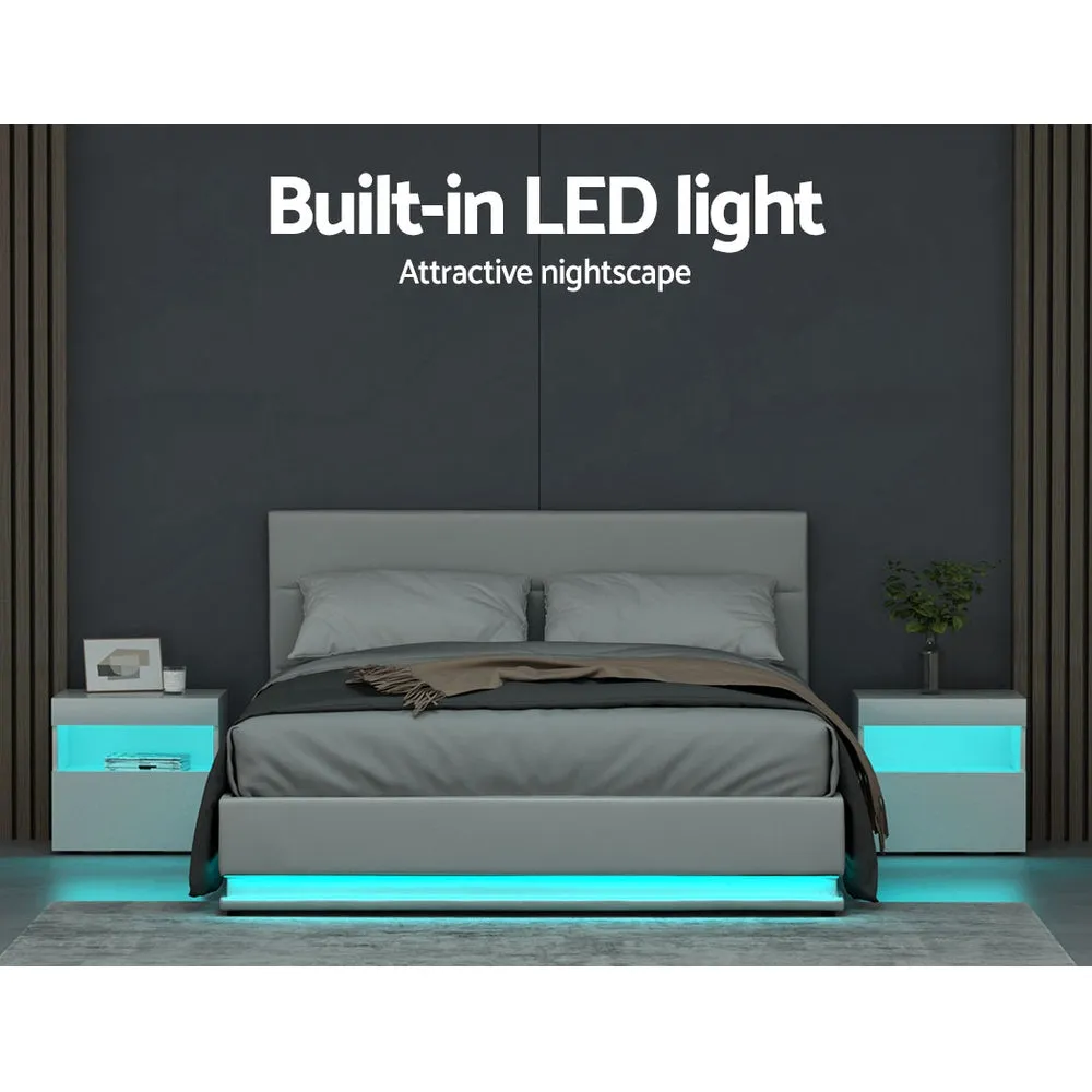 Queen Size Bed Frame RGB LED Gas Lift Base Storage PU Leather White