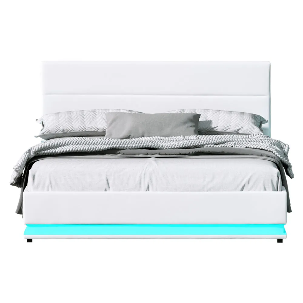 Queen Size Bed Frame RGB LED Gas Lift Base Storage PU Leather White