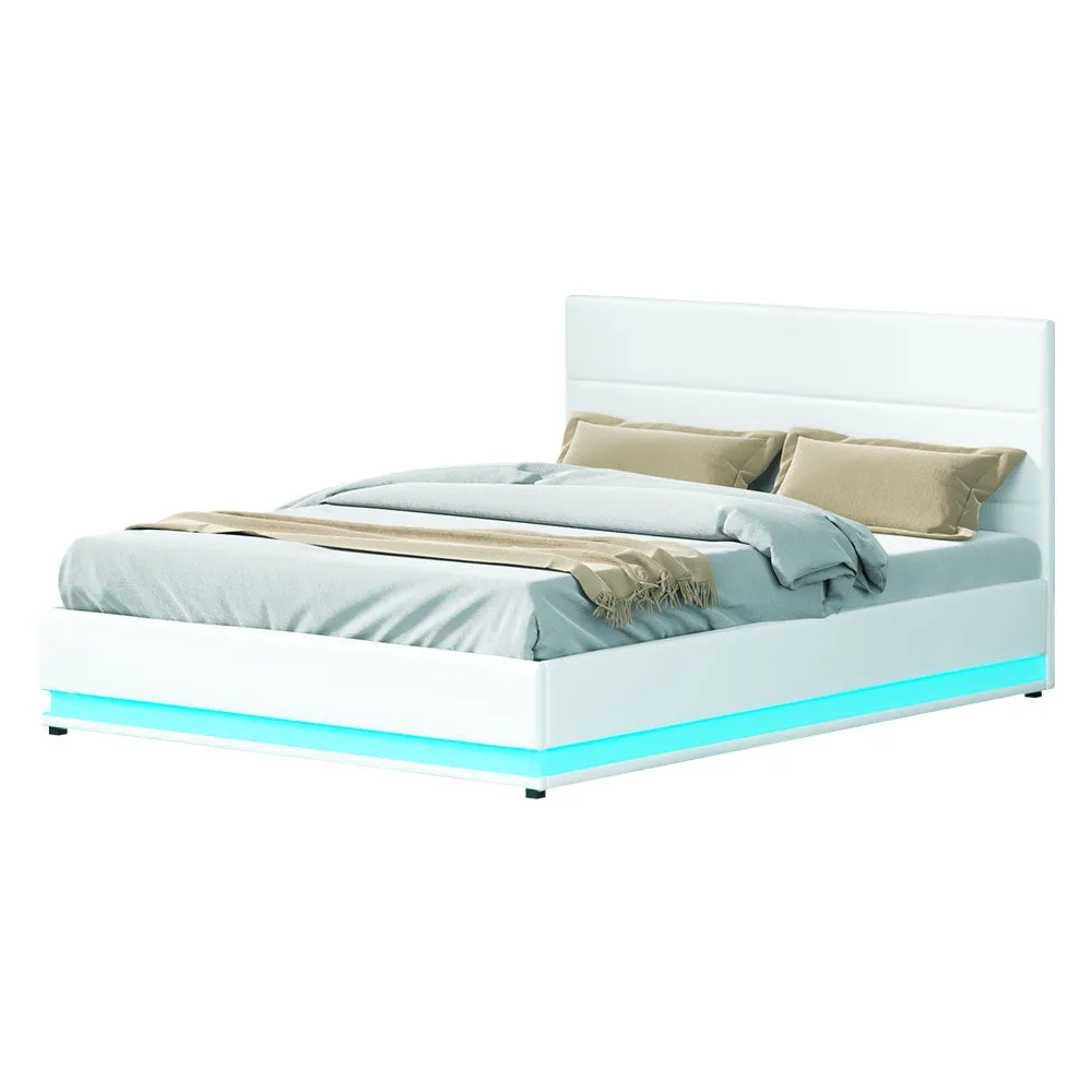 Queen Size Bed Frame RGB LED Gas Lift Base Storage PU Leather White