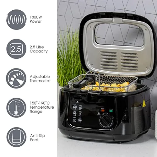 Quest 35239 2.5L Deep Fryer/Features Removable Lid & Large Observation Window/Adjustable Temperature/Ergonomic Cool Touch Handle/Black