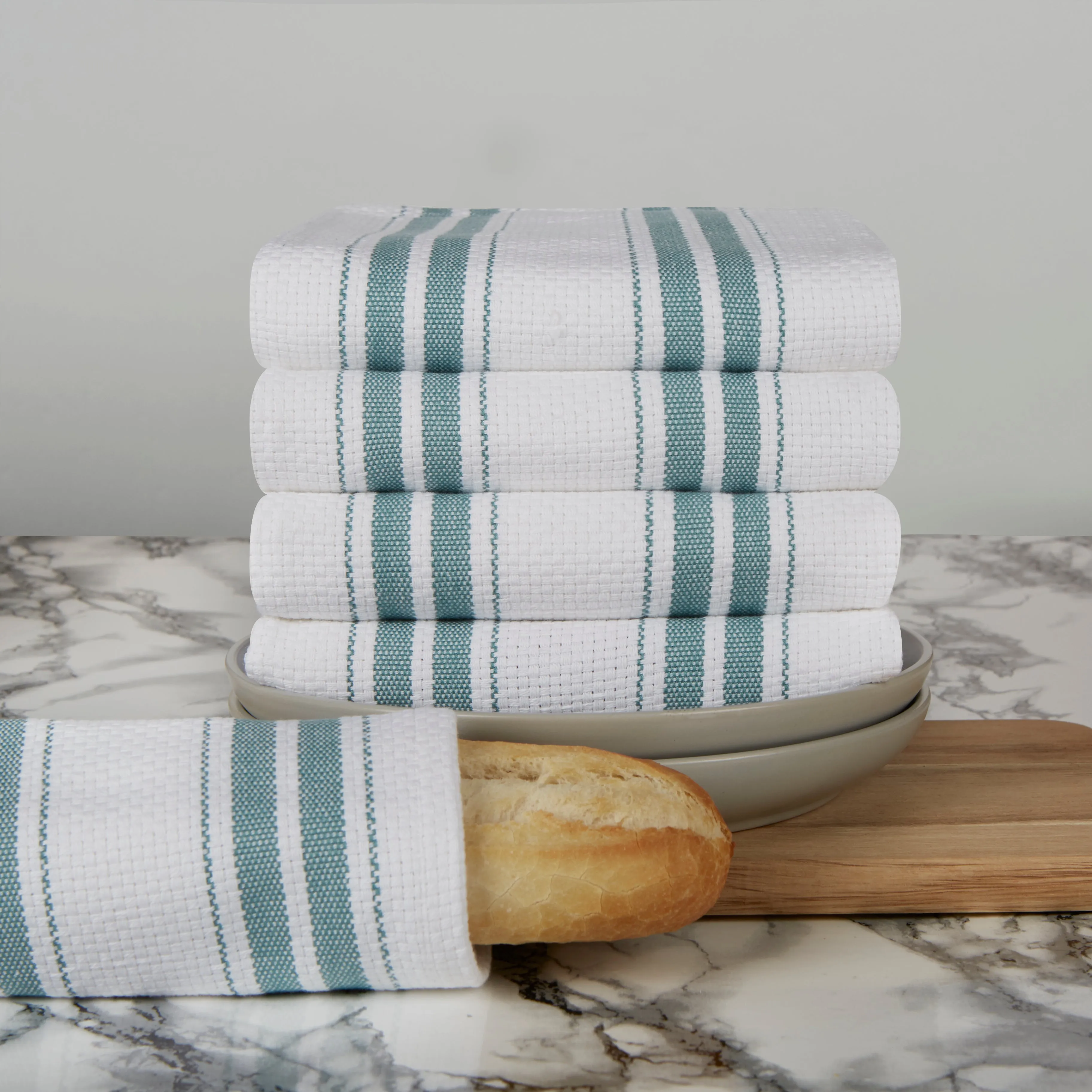 Set of 5 Basket Weave Striped Cotton Tea Towels in Five Colours