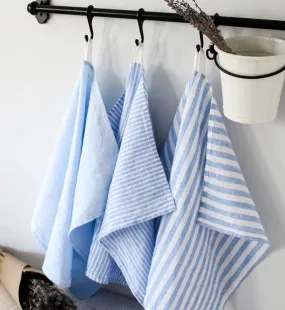 Sky Blue Striped Linen Cotton Tea Towel - Set of 3