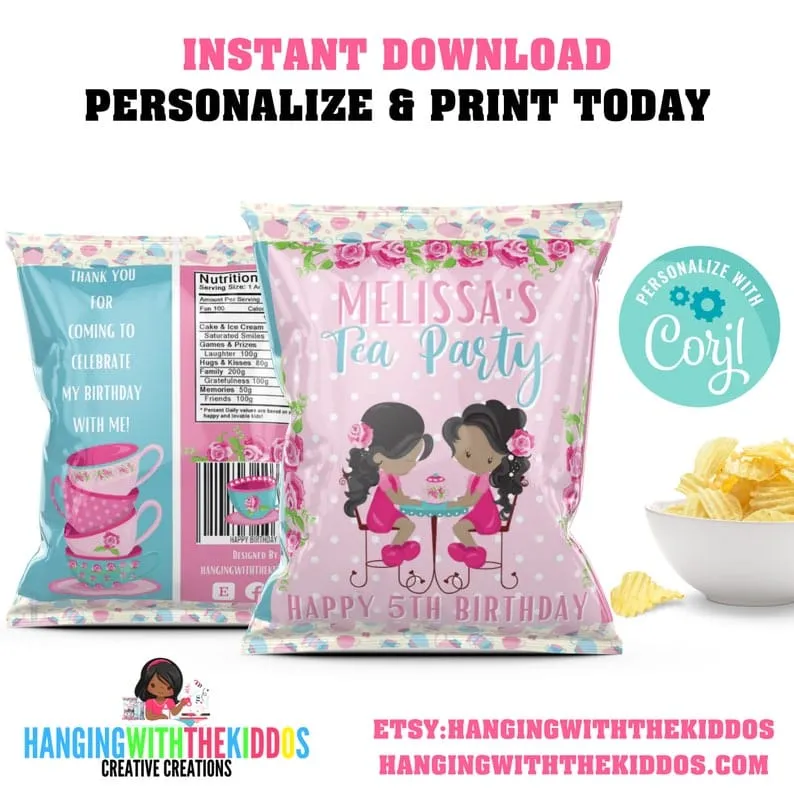 Tea Party Favors | Chip Bags  Personalize & Print Today Goodie Bags| Tea Party Decorations