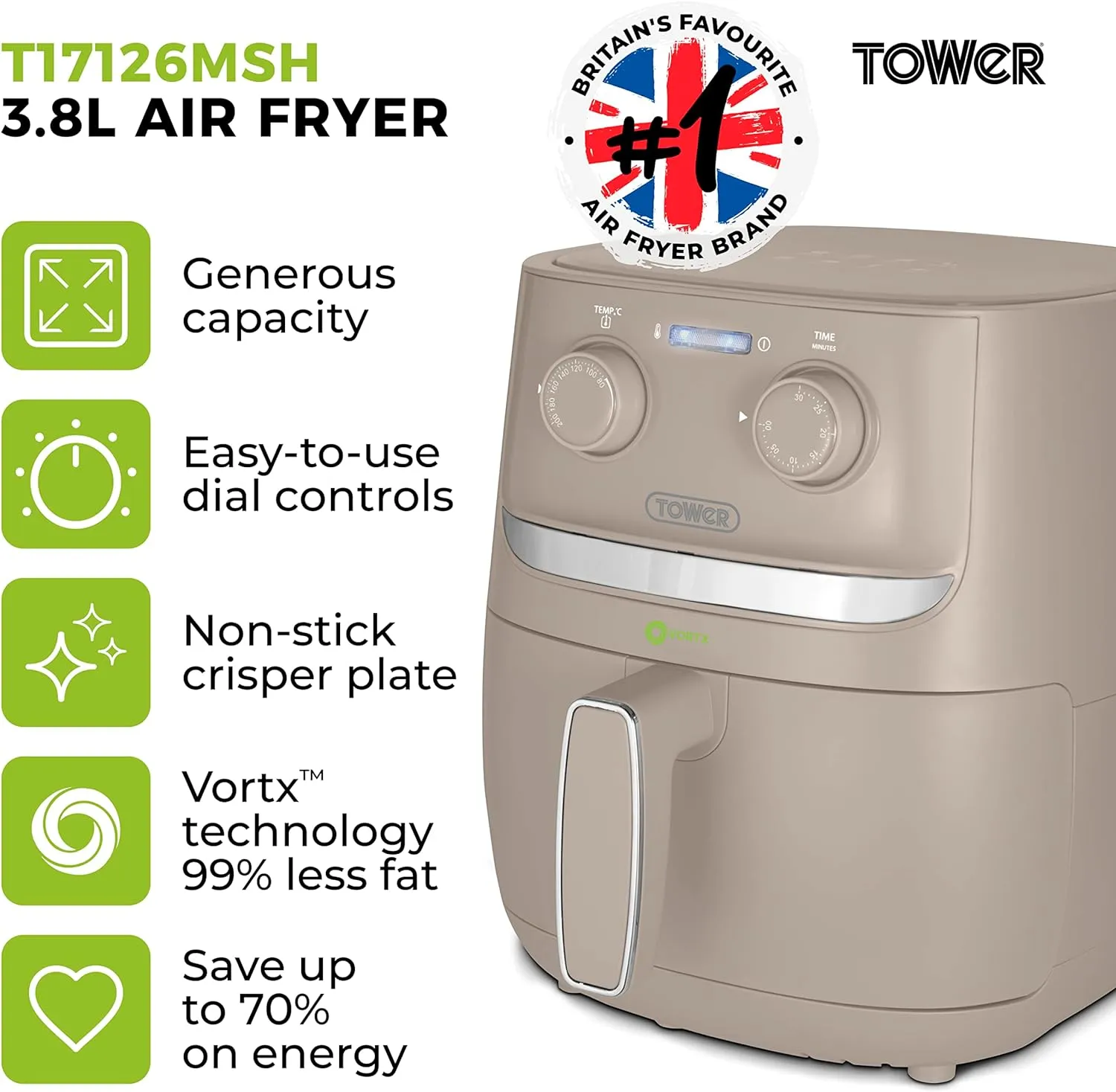 Tower Vortx 3.8L Colour Air Fryer - Latte