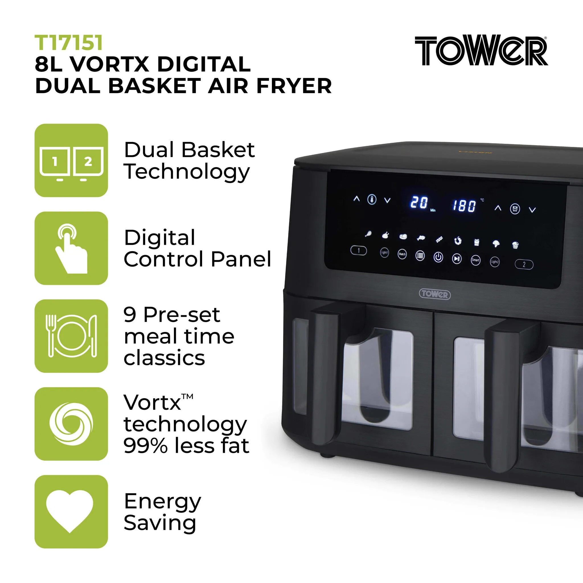 Tower Vortx Vizion 8 Litre Digital Dual Basket Air Fryer