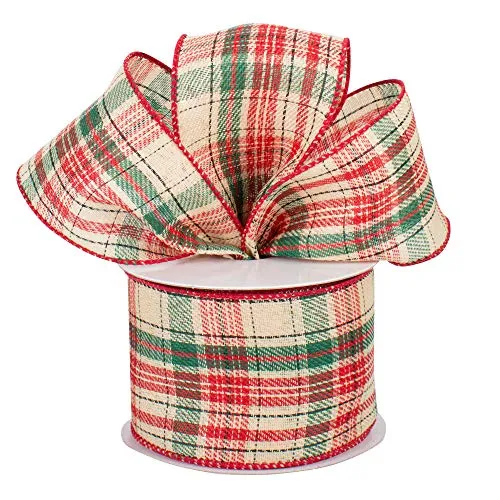 Wired Plaid Ribbon Wreath Decor - 2 1/2" x 10 Yards, Natural Beige, Forest Green, Red