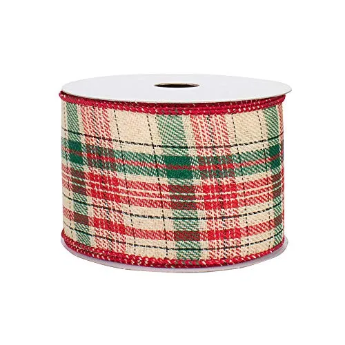 Wired Plaid Ribbon Wreath Decor - 2 1/2" x 10 Yards, Natural Beige, Forest Green, Red