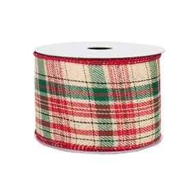 Wired Plaid Ribbon Wreath Decor - 2 1/2" x 10 Yards, Natural Beige, Forest Green, Red