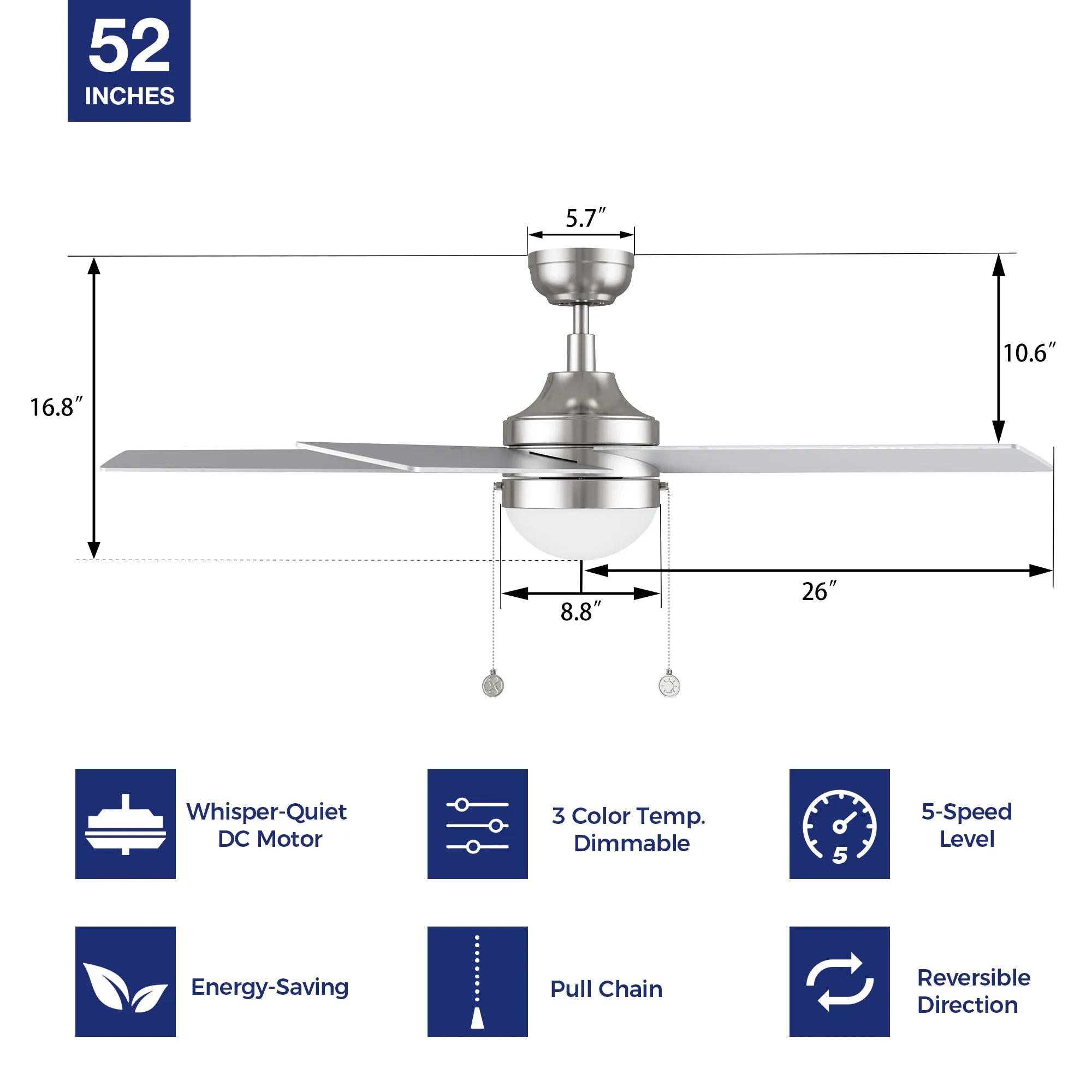 Zaire 52 inch Ceiling Fan with LED Light and Pull Chain