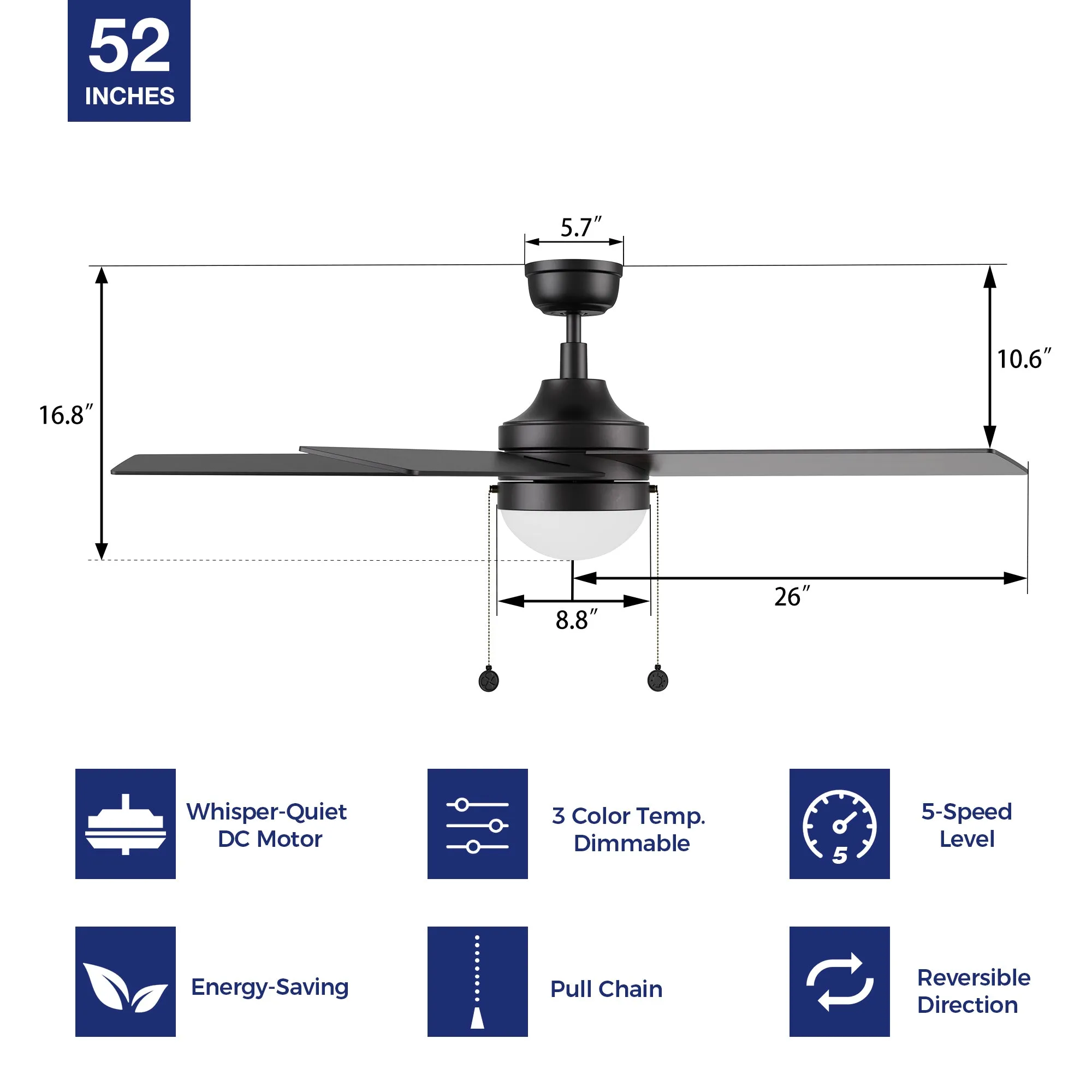 Zaire 52 inch Ceiling Fan with LED Light and Pull Chain